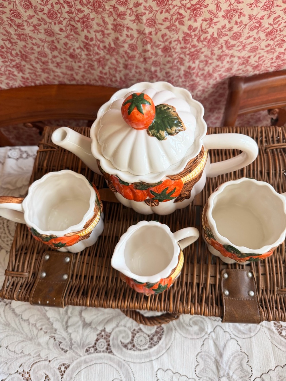 Vintage Ceramic Pumpkin Harvest Tea Set - Orange & Green - Picture 6 of 7